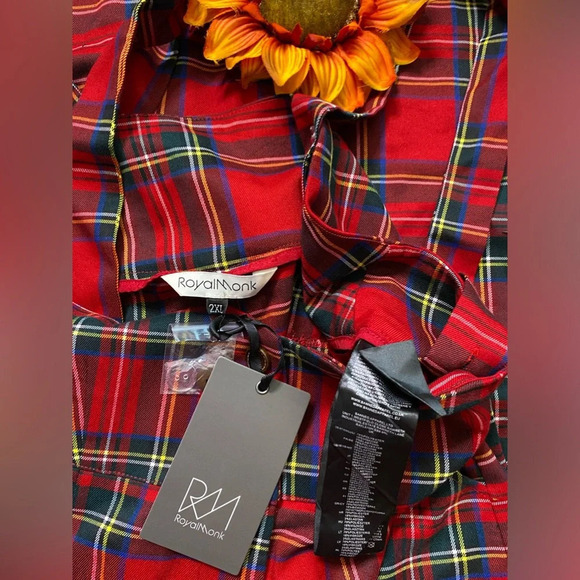 🦋B2G1🦋ROYAL MONK MODCLOTH Red Tartan Plaid Suspender Pants NWT | 2XL | - Picture 7 of 9